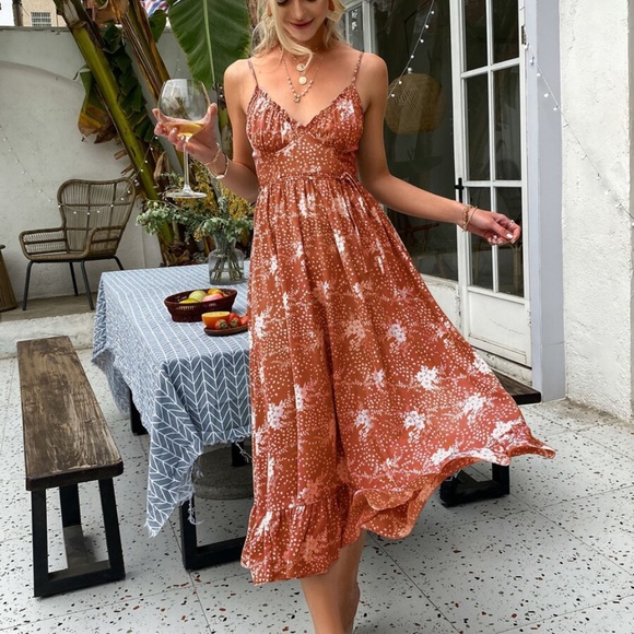 Bellanblue Dresses & Skirts - Boho Rust Orange Floral Ruffle Cami Midi Dress